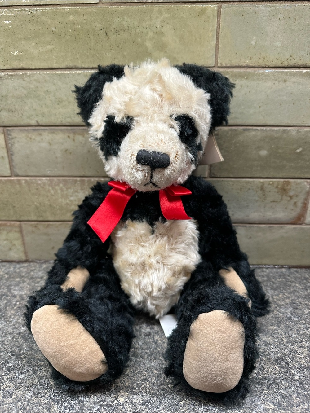 Vintage Bombay Black and Cream Plush Panda Teddy Bear with Red Bow